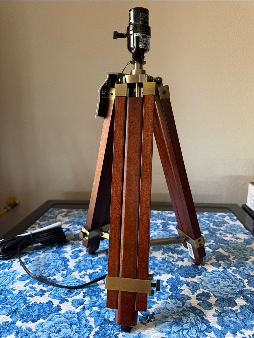 Extendable Wood Tripod Lamp Base with Brass Accents - Brown